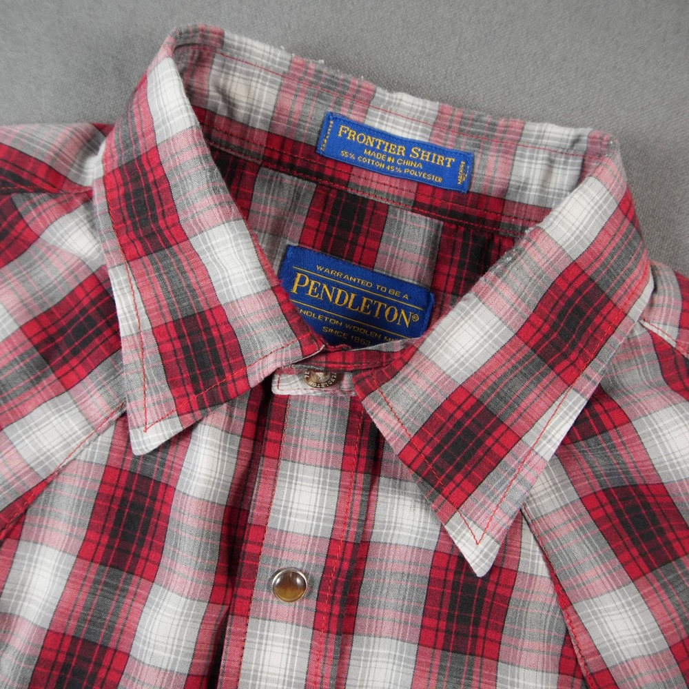 Pendleton Frontier Pearl Snap Plaid Western Shirt Mens M Red Grey Short Sleeve